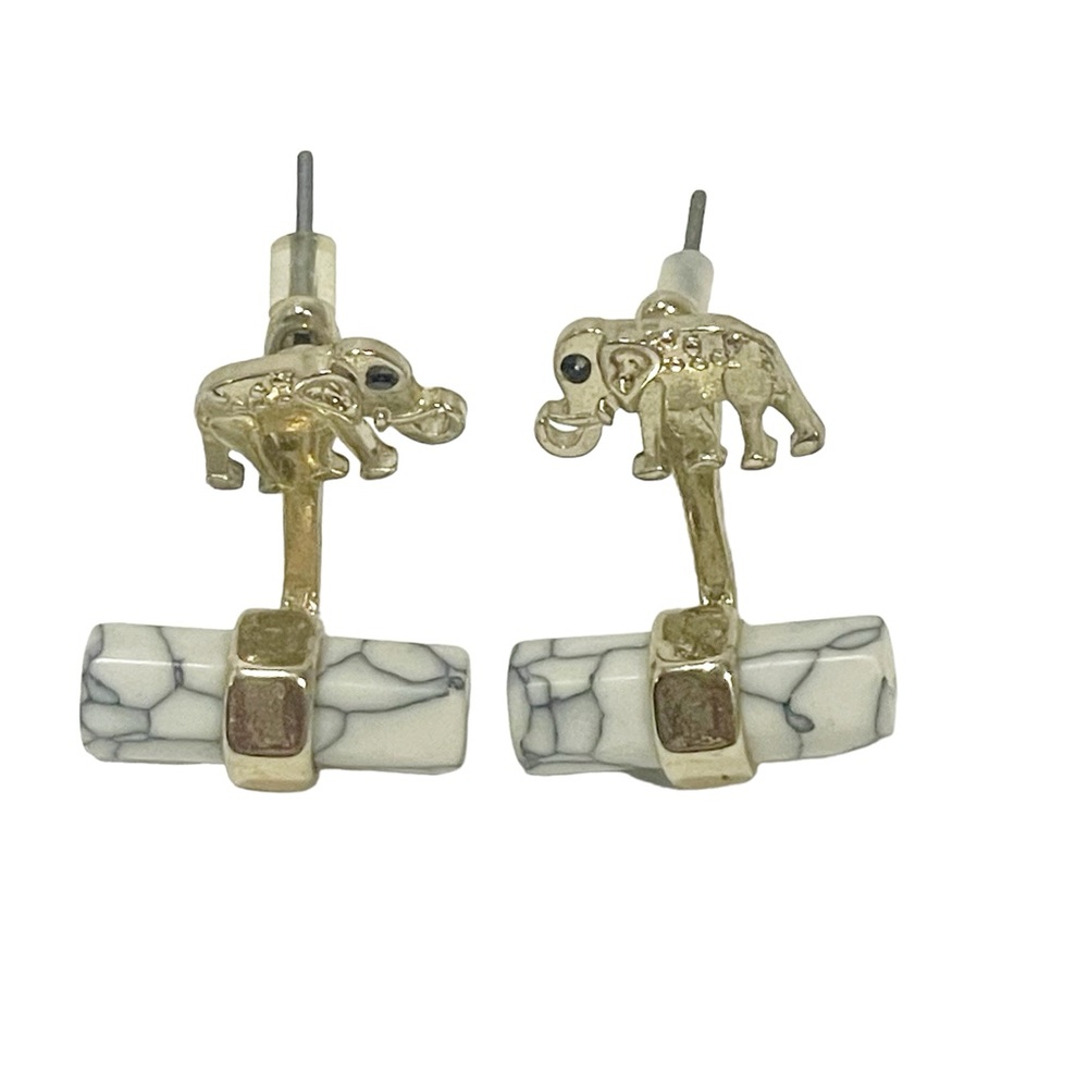 Silver Tone Elephant Stone Bar Post Back Earrings Jewelry - Picture 1 of 3